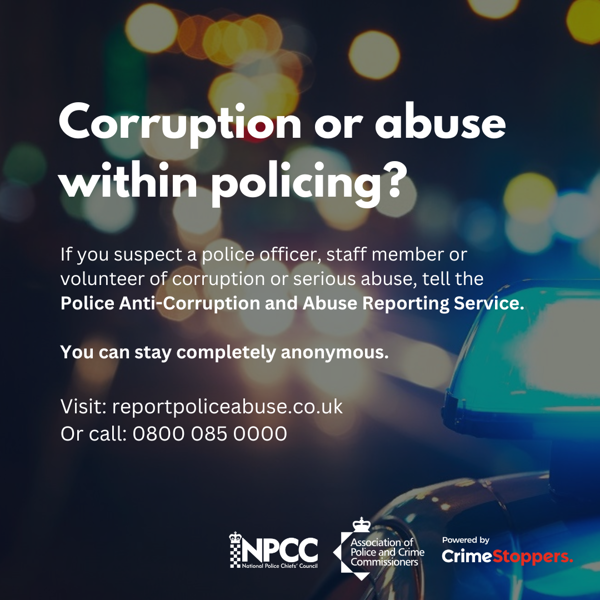 Graphic with text 'Corruption or abuse within policing?'